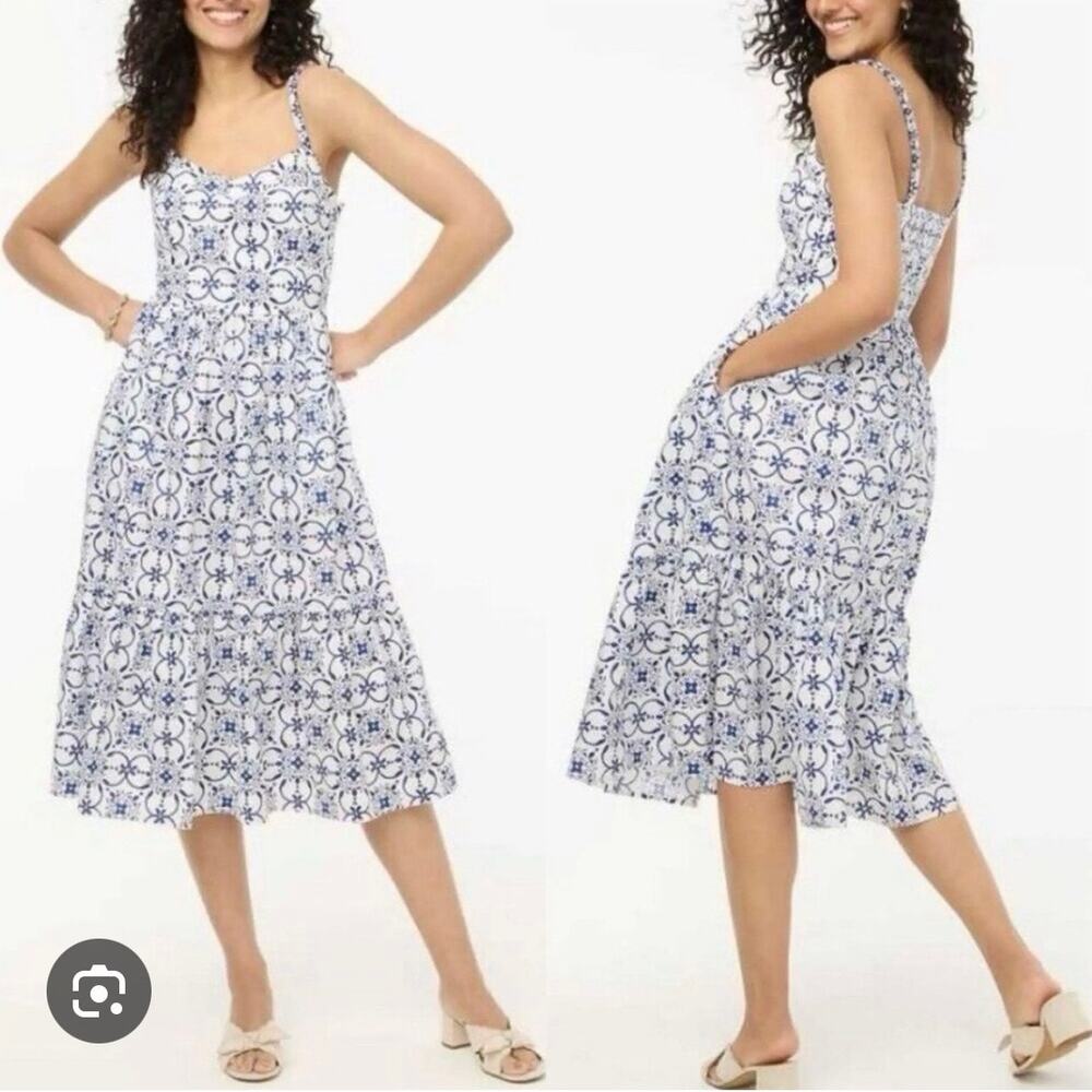 J.CREW Poplin Corset Midi Dress Geometric Print Sleeveless White Blue 00